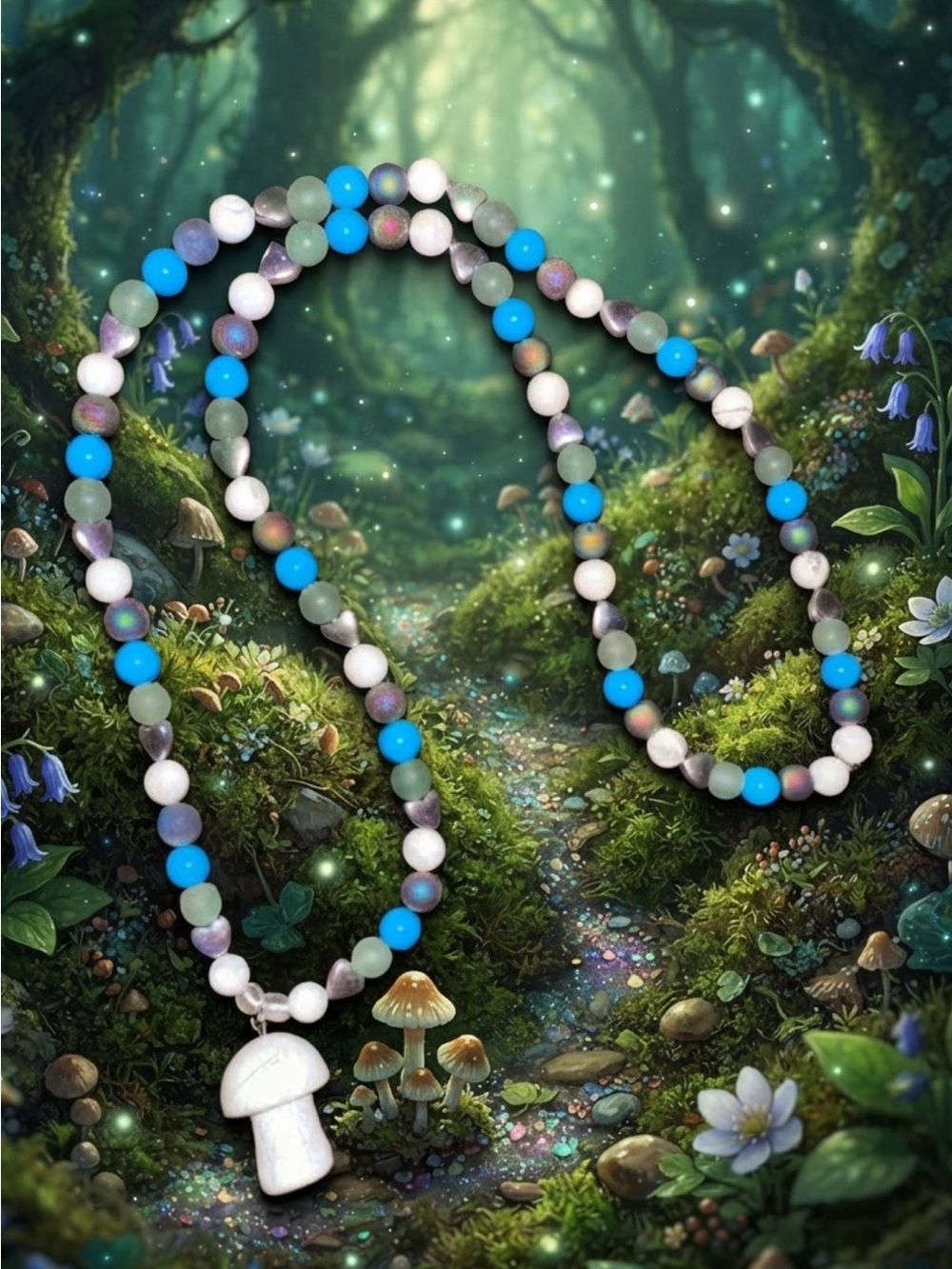Mycelia Moonwhisper Necklace (Howlite, Turquoise, Rainbow Druzy)